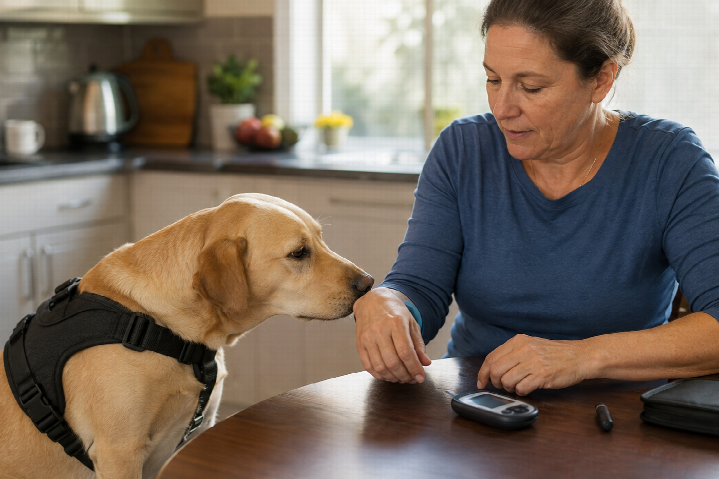 A dog making a firm nose-to-hand alert to a person at a kitchen table who is reaching for a glucose meter.