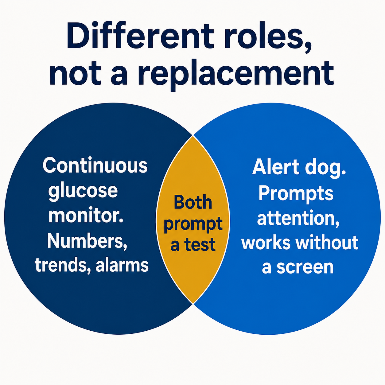 Infographic of two overlapping circles showing that a continuous glucose monitor provides numbers, trends, and alarms while an alert dog prompts attention without a screen, and both lead to testing.