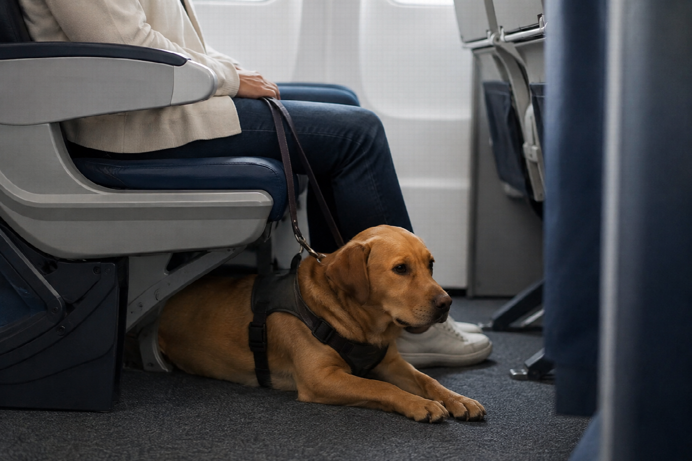 A medium-sized dog lying settled in the floor space at a seated passenger's feet inside an aircraft cabin, not extending into the aisle.