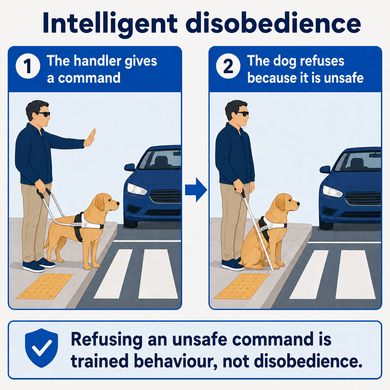 Two-panel infographic explaining intelligent disobedience: the handler gives a command and the dog refuses it because the situation is unsafe, which is trained behaviour rather than disobedience.