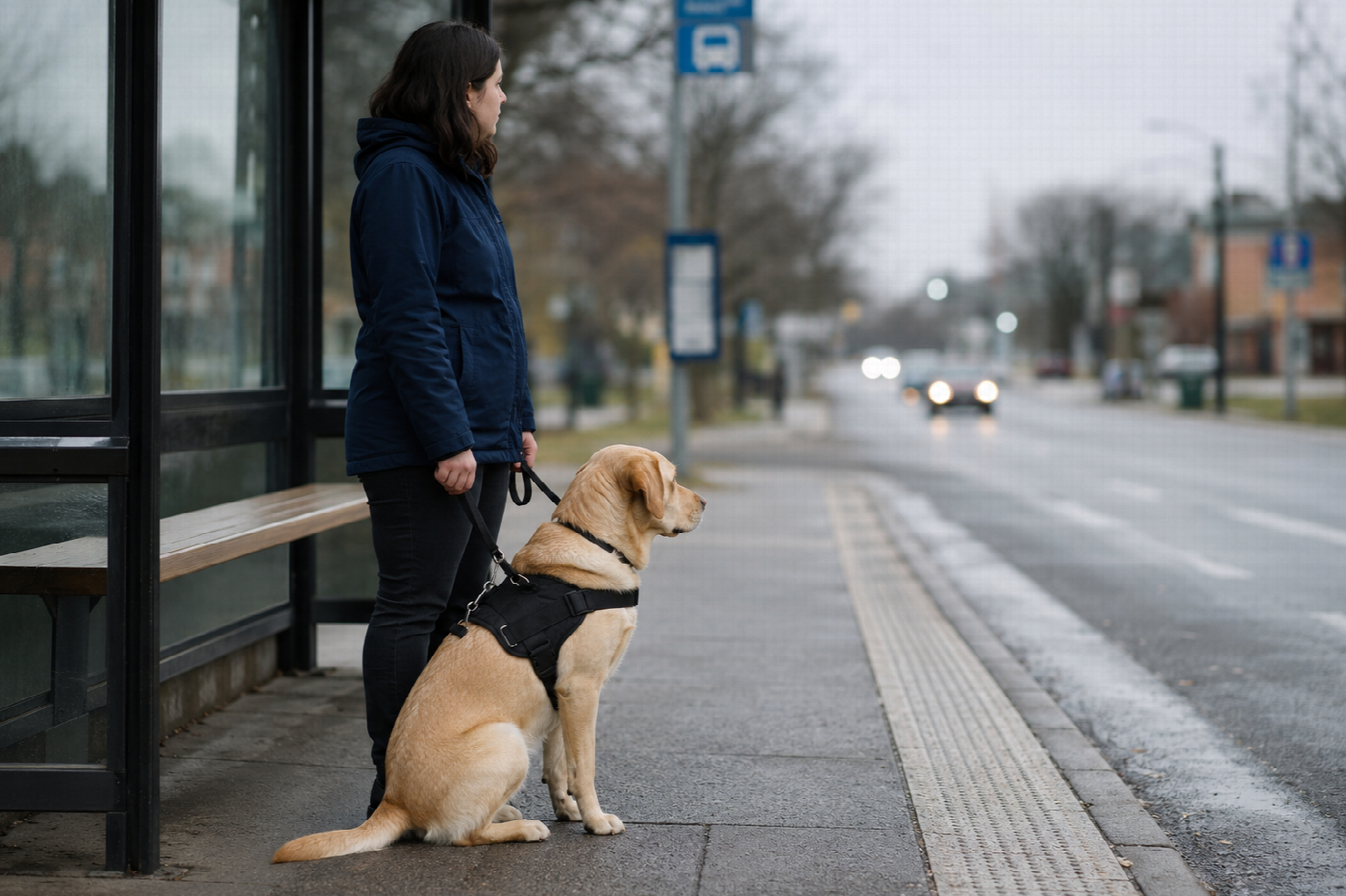 A handler and their service dog waiting together at a bus stop on an ordinary day, the dog sitting quietly at their side.