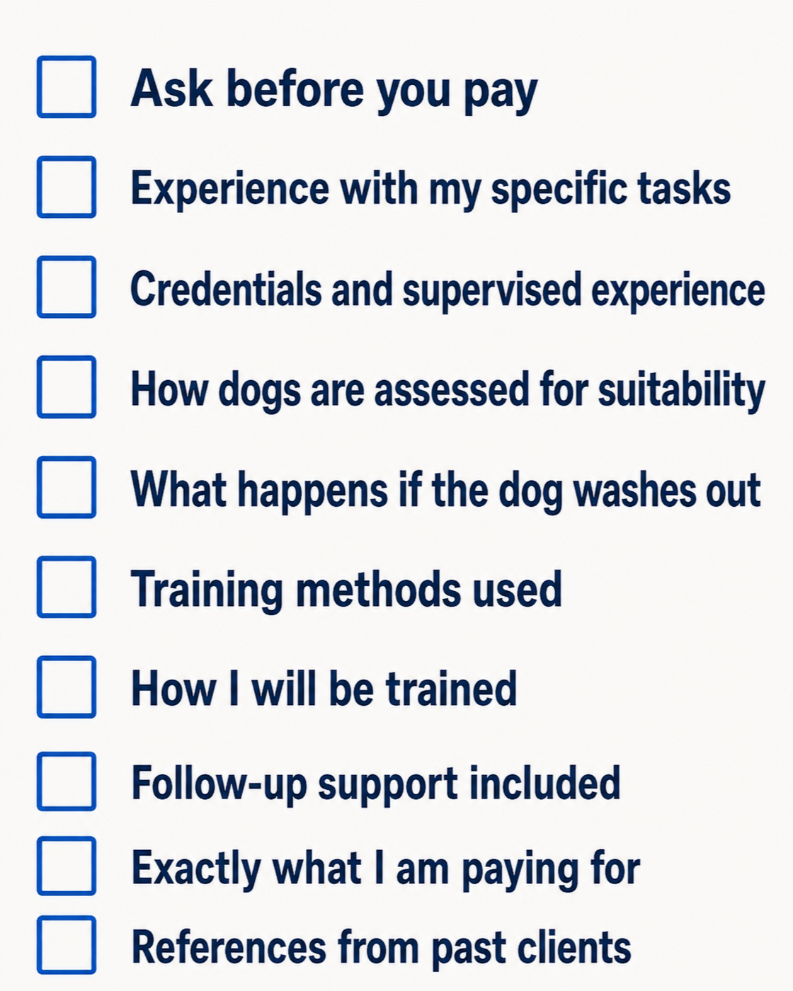 Checklist infographic of what to ask a service dog trainer before paying, covering experience, credentials, dog assessment, washout policy, training methods, handler training, follow-up support, costs, and client references.