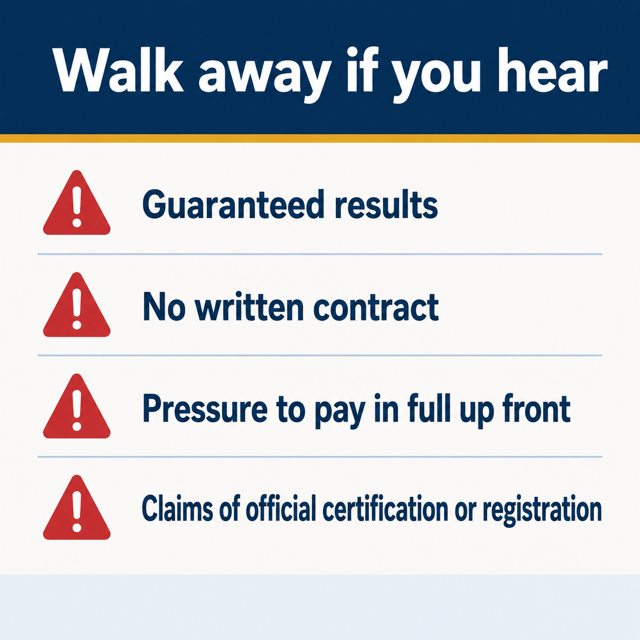 Infographic listing four red flags from a trainer: guaranteed results, no written contract, pressure to pay in full up front, and claims of official certification or registration.