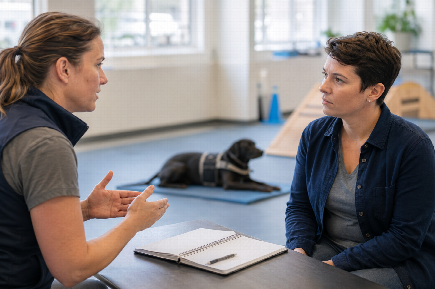 A trainer and a prospective client sitting and talking with a notebook open between them, while a dog waits calmly on a mat in the background.