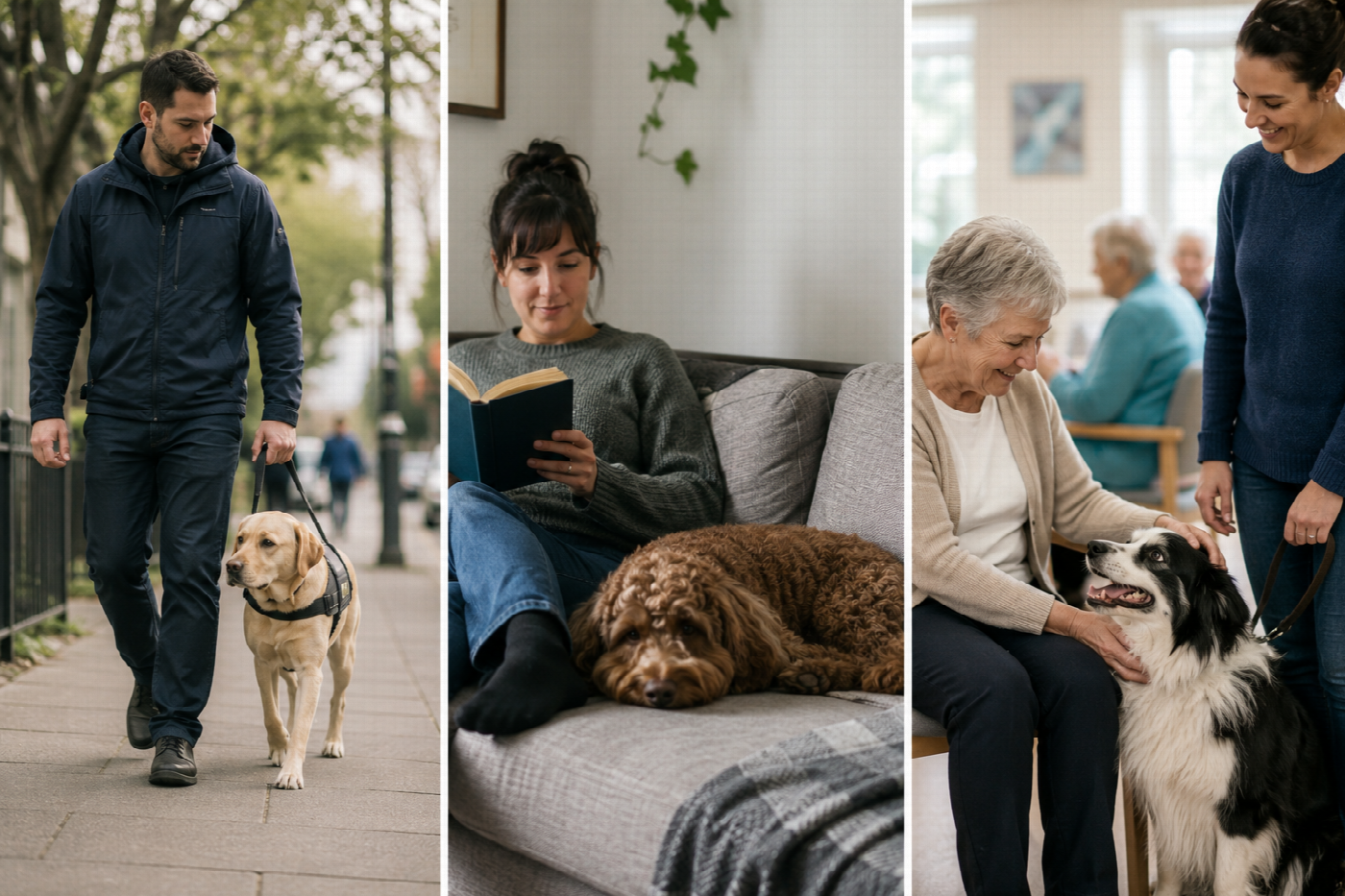 A three-panel image showing a dog working in harness beside a handler, a dog resting at home beside someone reading, and a dog being stroked by an older adult during a visit.