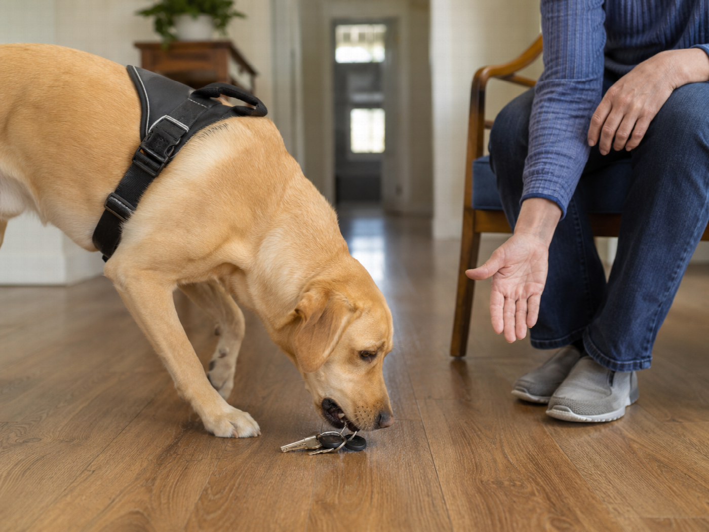 A service dog picking up a dropped set of keys from the floor while a seated handler waits with an open hand.