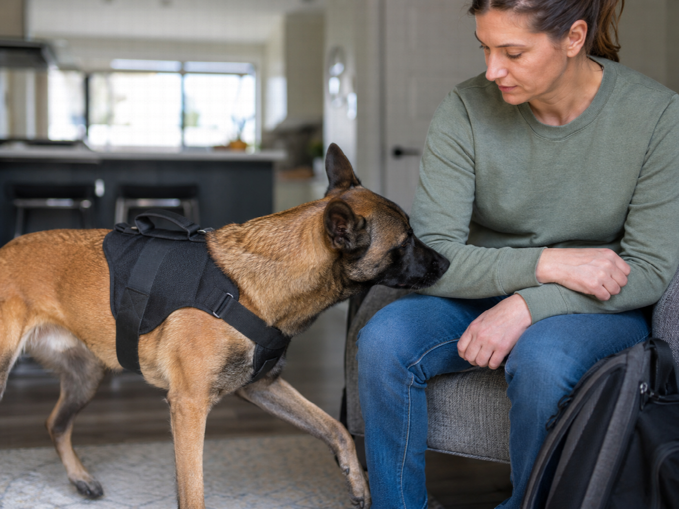 A dog pressing its nose firmly against a seated person's forearm in a deliberate trained alert, as the person begins to respond.