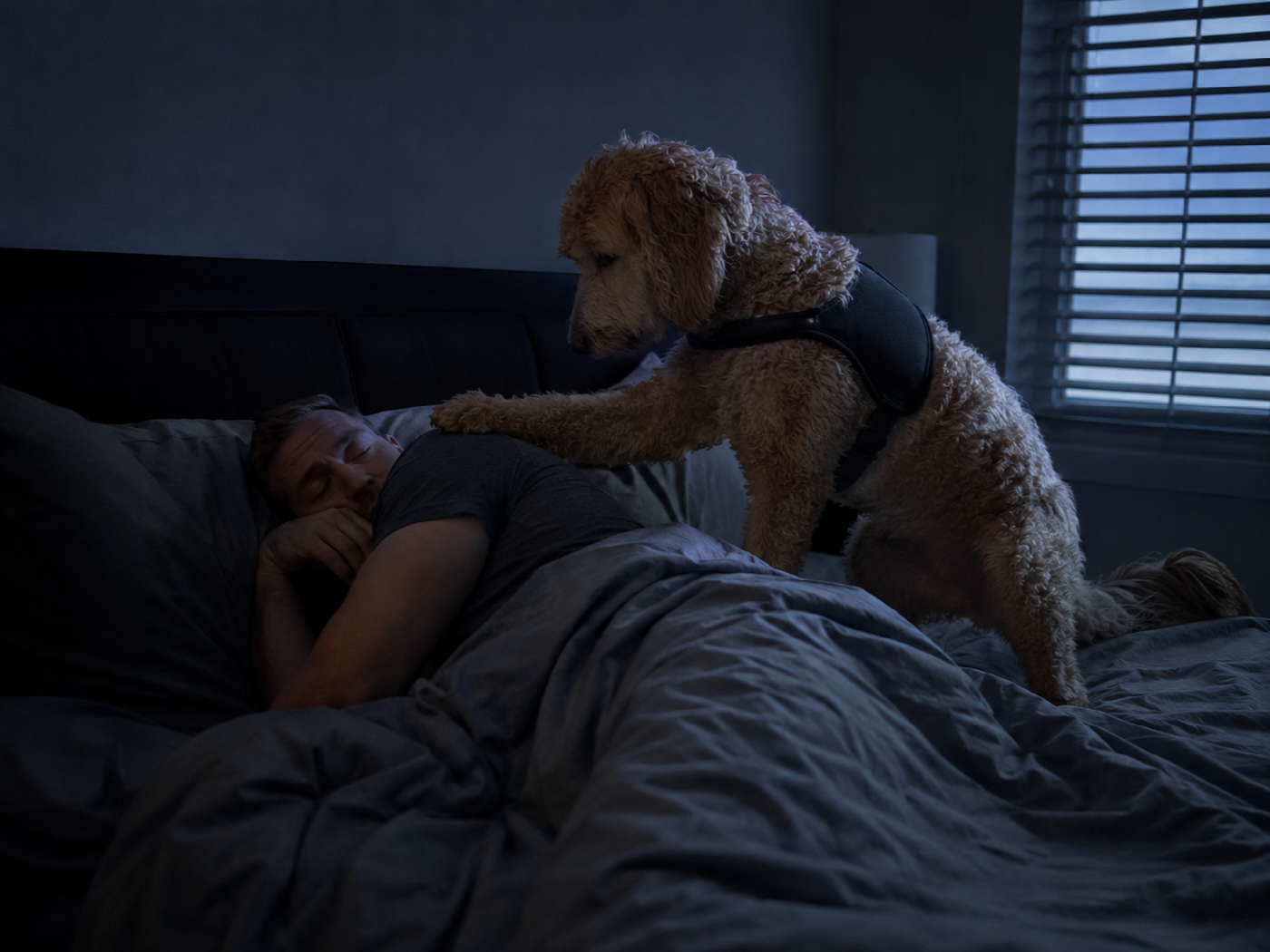 A dog standing on a bed in a dimly lit room, nudging the shoulder of a sleeping adult who is beginning to stir.