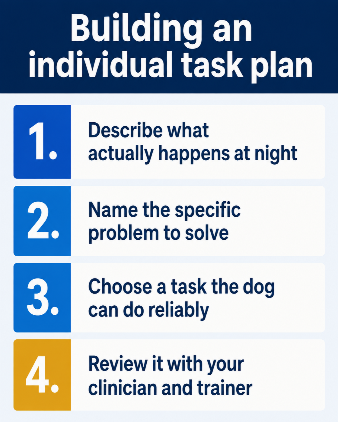 Infographic of four steps for building an individual night-time task plan: describe what happens, name the specific problem, choose a task the dog can do reliably, and review it with a clinician and trainer.