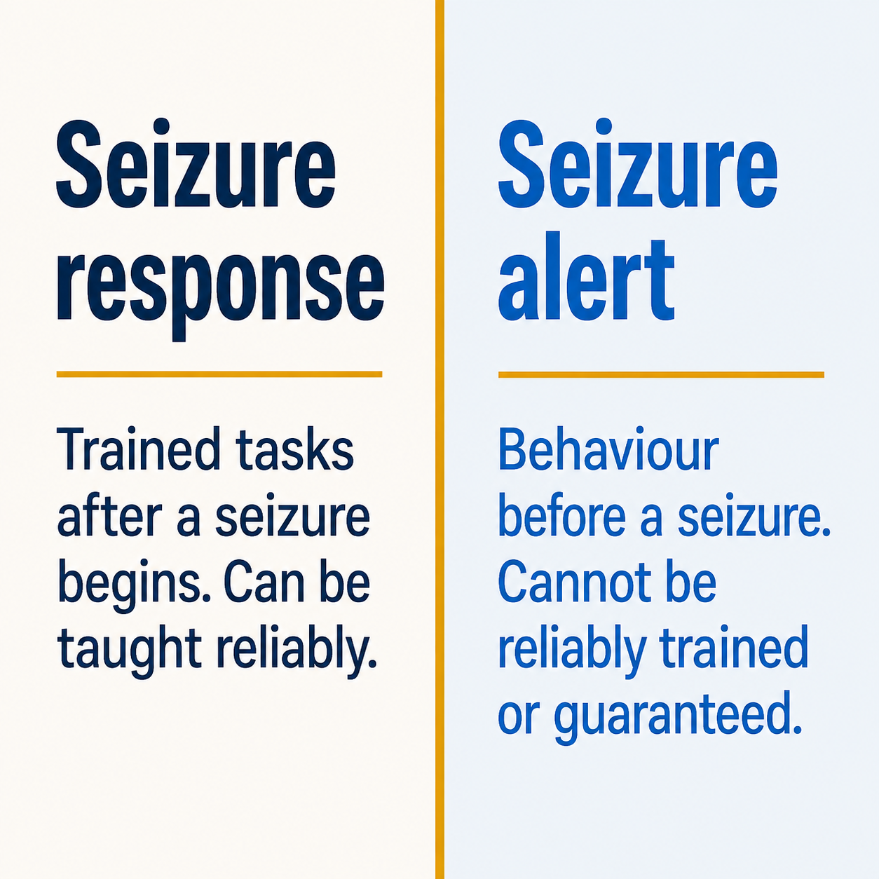 Infographic contrasting seizure response, which involves trained tasks after a seizure begins and can be taught reliably, with seizure alert, which is behaviour before a seizure that cannot be reliably trained or guaranteed.