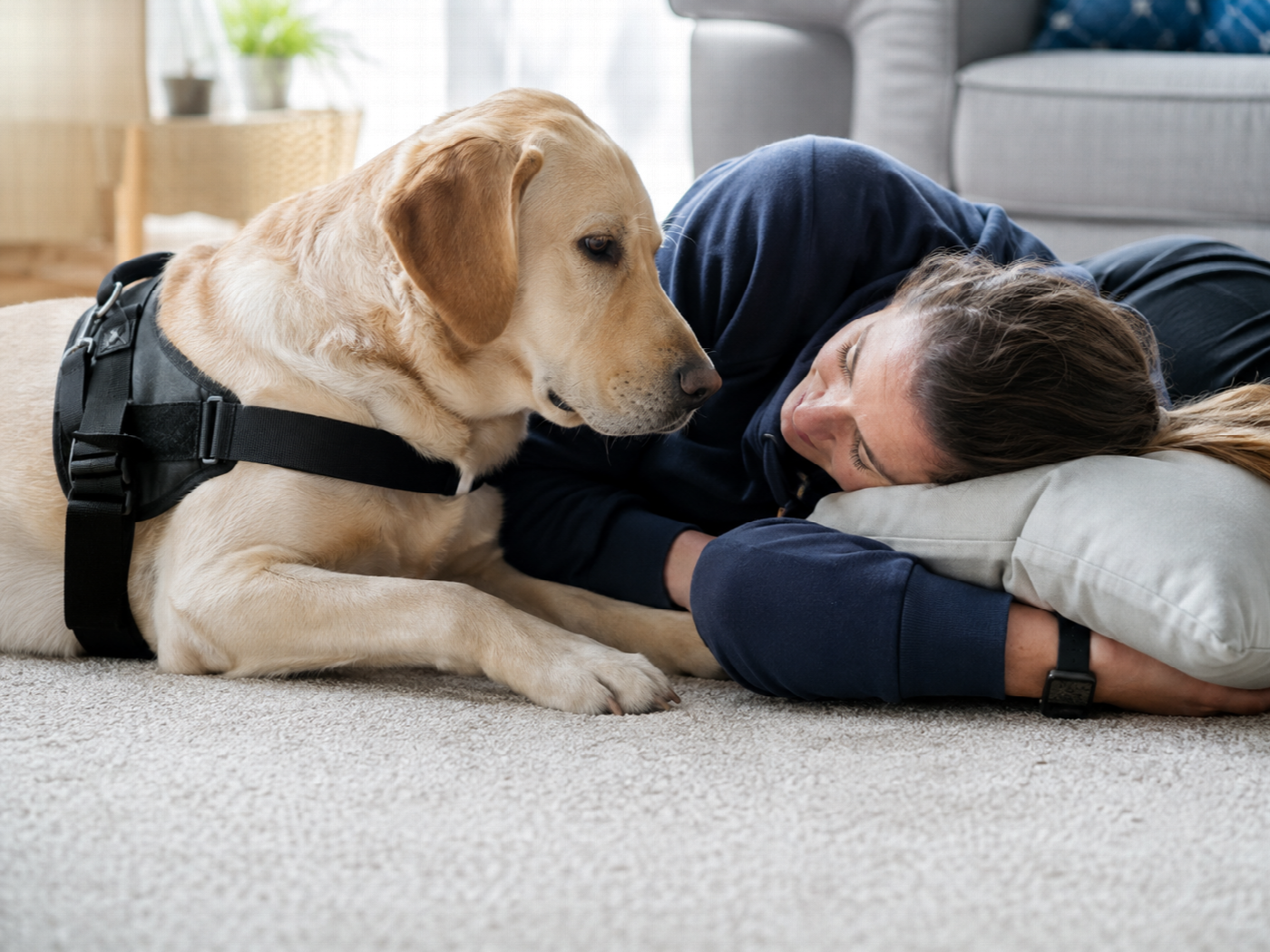 A large dog lying close alongside a person resting on the floor, head raised and watching them attentively.