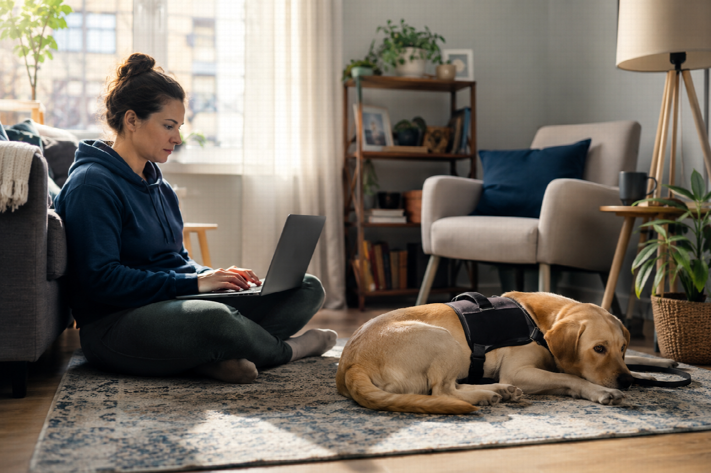 A person working on a laptop in their apartment living room with a dog settled on a rug nearby.